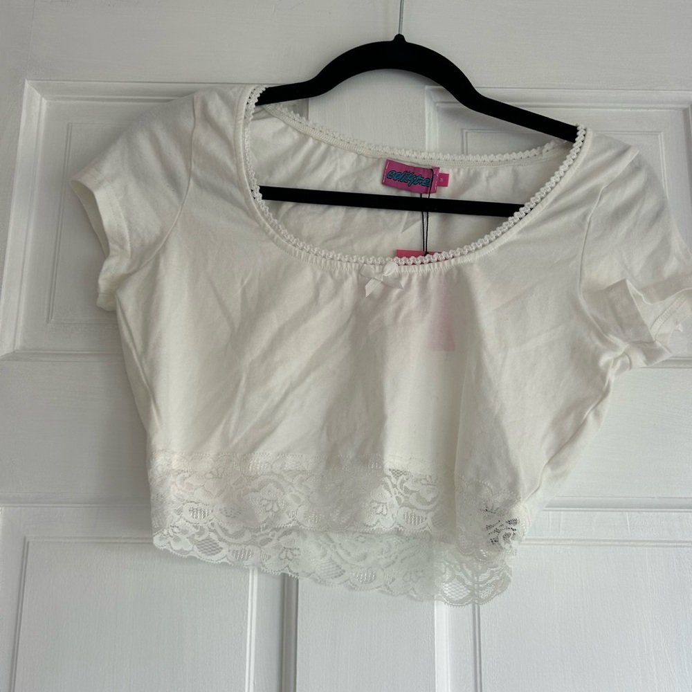 Edikted Cream Crop Top with Lace Trim and Short Sleeves